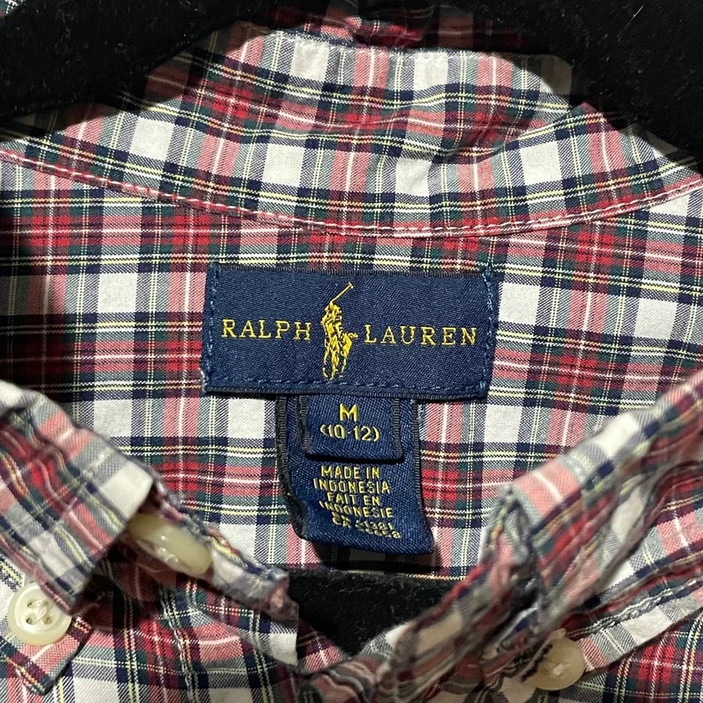 Ralph Lauren Boys Red White‎ Navy Plaid Button Down Shirt Size M 10-12 Cotton